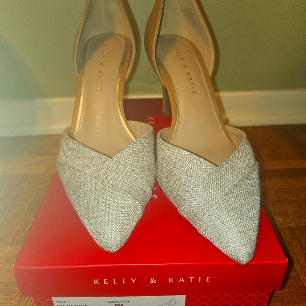 Kelly and Katie tan multi latte Heather linen satin pumps